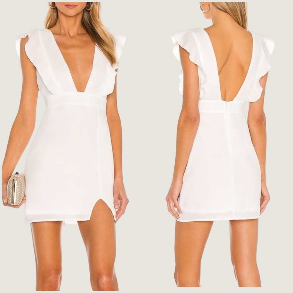 superdown White Harlow Mini Dress M Deep V-Neck Ruffle Open Back Cocktail Party